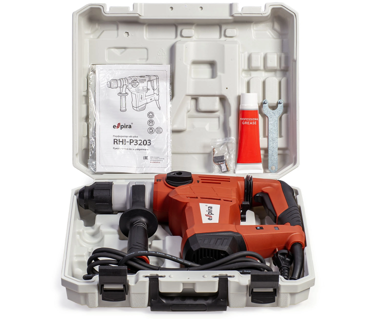 Перфоратор ESPIRA RHI-P3203 (sds plus, 220–240В/50Гц, мощн.1500Вт, ск. хол хода 950 об/м, эн.уд .4,0 Дж, 5.6 кг), 400452 купить в Сургуте
