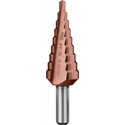 Сверло ЗУБР &quot;КОБАЛЬТ&quot; ступен. по сталям и цвет. мет. ст. Р6М5 с кобальт. покрыт., d=4-20мм, 9ст. d=4-20, L-75мм, 3-хгр.хв.8мм 29672-4-20-9_z01 купить в Сургуте