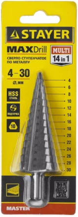 Сверло STAYER &quot;MASTER&quot; ступенчатое по сталям и цвет.мет., сталь HSS, d=4-30мм, 14ступ.d4-30, L-100мм, трехгран. хв.10мм 29660-4-30-14 купить в Сургуте