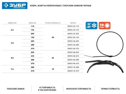 Кабельные стяжки черные КОБРА, с плоским замком, 3.6 х 280 мм, 50 шт, нейлоновые, ЗУБР 30935-36-280 купить в Сургуте
