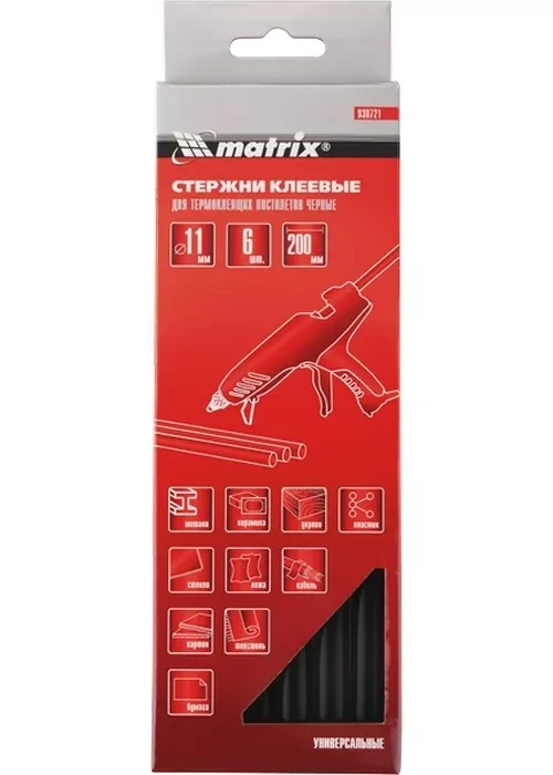 Стержни клеевые, чёрный, 11*200мм, 6 шт./упак. MATRIX 930721 купить в Сургуте