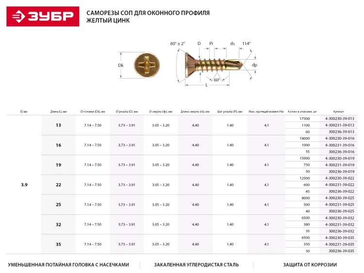 Саморезы ЗУБР "МАСТЕР" со сверлом для оконного профиля, жёлтопассивированные, 3.9x13мм, 17500шт 4-300230-39-013 купить в Сургуте