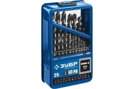 ЗУБР ПРОФ-А, 25 шт, (1-13 мм), сталь Р6М5, класс А, мет.бокс, набор сверл по металлу, Профессионал (29625-H25) купить в Сургуте