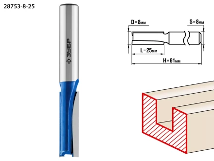 ЗУБР 8 x 25 мм, хвостовик 8 мм, фреза пазовая прямая, Профессионал (28753-8-25) купить в Сургуте