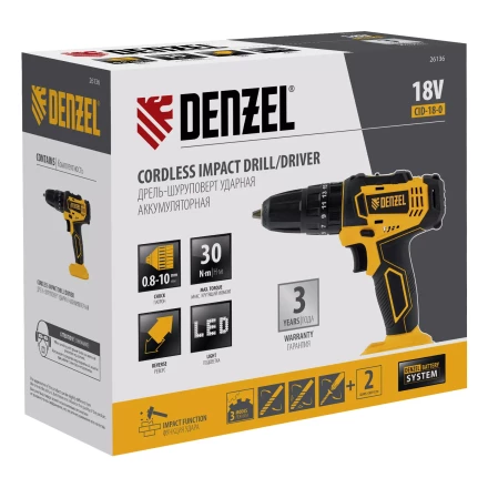 Дрель-шуруповерт аккумуляторная ударная Denzel CID-18-0, Li-Ion, 18 В 26136 купить в Сургуте