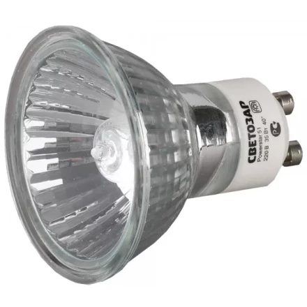 Лампа галогенная СВЕТОЗАР с защитным стеклом, алюм. отражатель, цоколь GU10, диаметр 51мм, 50Вт, 220В SV-44825 купить в Сургуте