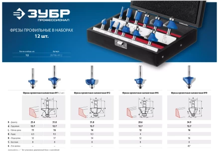 ЗУБР 12 шт, набор профильных фрез по дереву, Профессионал (28796-H12) купить в Сургуте