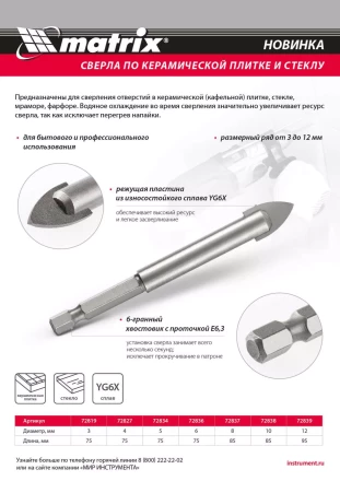 Сверло по керамической плитке и стеклу, 10 мм, шестигранный хвостовик Matrix 72838 купить в Сургуте