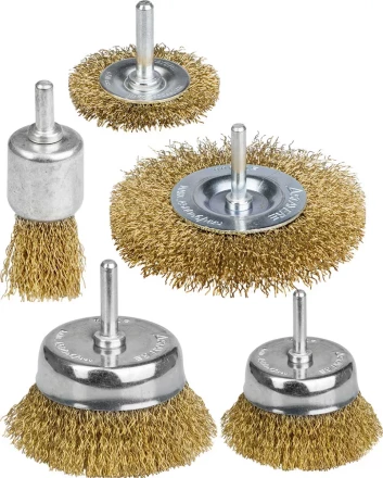 STAYER &quot;PROFESSIONAL&quot;. Набор щеток-крацовок для дрели, витая стальная латунированная проволока 0,3мм, диск. 50,75мм, чаш. 50,75мм, кист. 25мм, 5шт 35157-H5_z01 купить в Сургуте