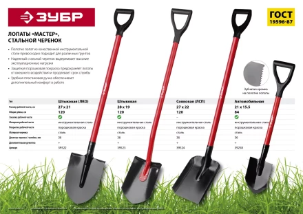 ЗУБР МАСТЕР, 270 х 210 х 1200 мм, полотно 1.5 мм, закалено, стальной прямой черенок с рукояткой, тип ЛКО, штыковая лопата (39522) купить в Сургуте
