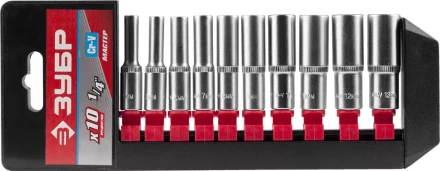 Набор ЗУБР &quot;МАСТЕР&quot;: Торцовые головки (1/4&quot;) удлиненные на пластиковом рельсе, Cr-V, 4-13мм, 10 предметов 27657-H10 купить в Сургуте