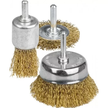 STAYER &quot;PROFESSIONAL&quot;. Набор щеток-крацовок для дрели, витая стальная латунированная проволока 0,3мм, диск. 50мм, чаш. 50мм, кистевая 25мм, 3шт 35152-H3_z01 купить в Сургуте