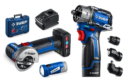 ЗУБР КОМБИ #5 набор: дрель-шуруповерт + мини УШМ + LED фонарь, BRUSHLESS, 12 В, 45 Н·м, 2 АКБ тип Т7 (4 и 2 А·ч), кейс, Профессионал (DB-125-42ABF) купить в Сургуте