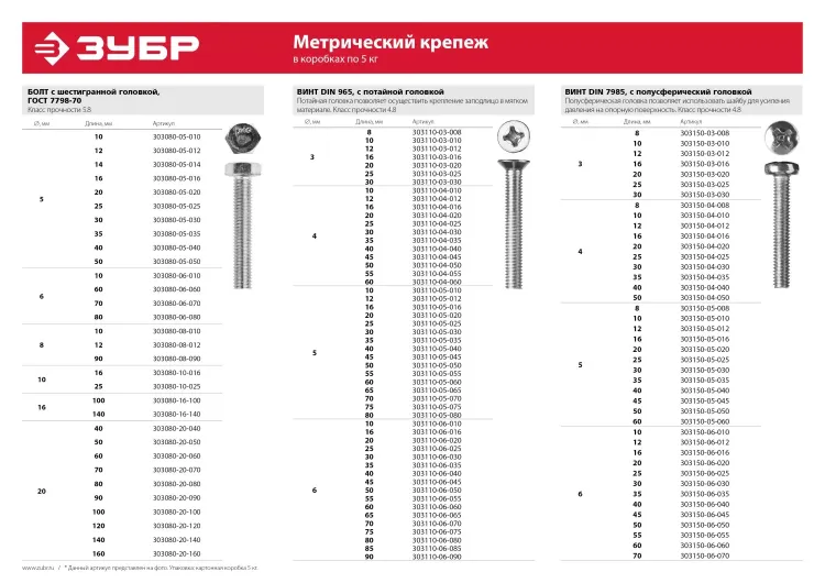 Болт ЗУБР "МАСТЕР" с шестигранной головкой, ГОСТ 7798-70, класс прочности 5.8, оцинкованный, M10x40мм, 5кг 303080-10-040 купить в Сургуте
