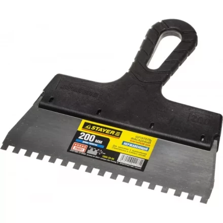 Шпатель STAYER &quot;PROFESSIONAL&quot; нержавеющий зубчатый с пластмассовой ручкой, 200мм, зуб 6х6мм 1009-20-06 купить в Сургуте