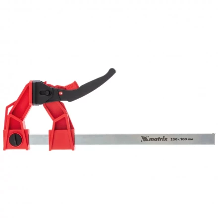 Струбцина реечная быстрозажимная усиленная пластиковый корпус рычажно-храповой механизм 250 х 100 х 401 мм штанга 5 х 22 мм Matrix 20727 купить в Сургуте
