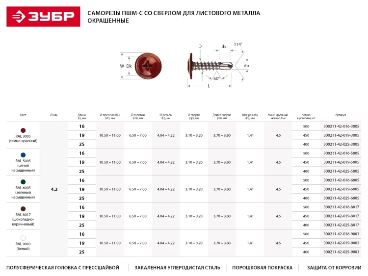 Саморезы ЗУБР с прессшайбой и сверлом по листовому металлу до 2мм, окрашенные в RAL-8017, PH2, 4,2х19мм, 450шт 300211-42-019-8017 купить в Сургуте