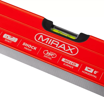 Уровень коробчатый усиленный MIRAX, фрезерованная поверхность, утолщенный профиль, 3 противоударных ампулы (1 поворотная на 360 град), с ручками, 80 см 34603-080 купить в Сургуте