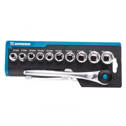 Набор торцевых головок трещотка 120 зубьев 12 предметов 3/8&quot; CrV Gross 14139 купить в Сургуте