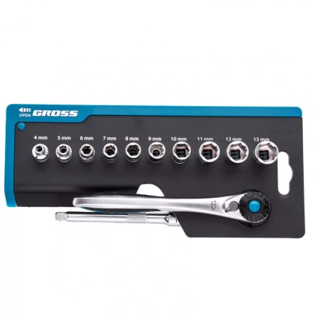 Набор торцевых головок трещотка 120 зубьев 12 предметов 1/4&quot; CrV Gross 14141 купить в Сургуте