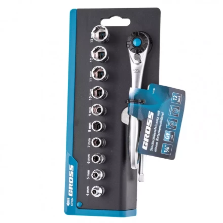 Набор торцевых головок трещотка 120 зубьев 12 предметов 1/4&quot; CrV Gross 14141 купить в Сургуте