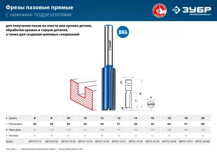 ЗУБР 12 x 30 мм, хвостовик 8 мм, фреза пазовая прямая с нижними подрезателями, Профессионал (28755-12-30) купить в Сургуте