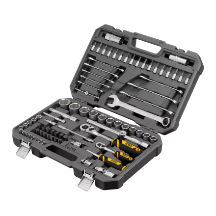 Набор инструментов Denzel, 1/2&quot;, 1/4&quot;, CrV, S2, пластиковый кейс, 82 предмета 15809 купить в Сургуте