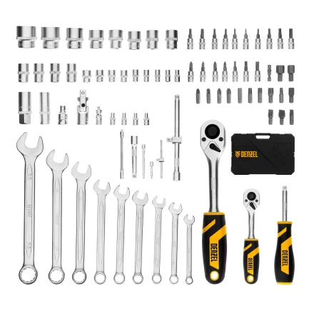 Набор инструментов Denzel, 1/2&quot;, 1/4&quot;, CrV, S2, пластиковый кейс, 82 предмета 15809 купить в Сургуте