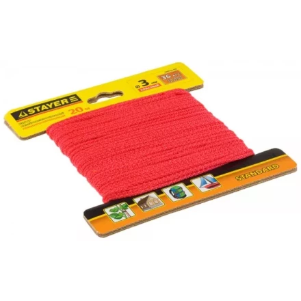 Шнур STAYER &quot;STANDARD&quot; хозяйственно-бытовой, полипропиленовый, вязанный, без сердечника, красный, d 3, 20м 50425-03-020 купить в Сургуте