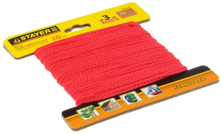 Шнур STAYER &quot;STANDARD&quot; хозяйственно-бытовой, полипропиленовый, вязанный, без сердечника, красный, d 3, 20м 50425-03-020 купить в Сургуте