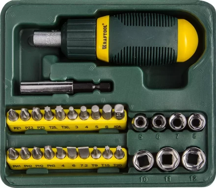 Набор KRAFTOOL Отвертка реверсивная с битами и торцовыми головками, 29 предметов 25556-H29 купить в Сургуте