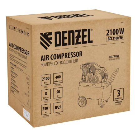 Компрессор воздушный рем. привод Denzel BCI 2100/50, 2,1 кВт, 50 литров, 400 л/мин купить в Сургуте