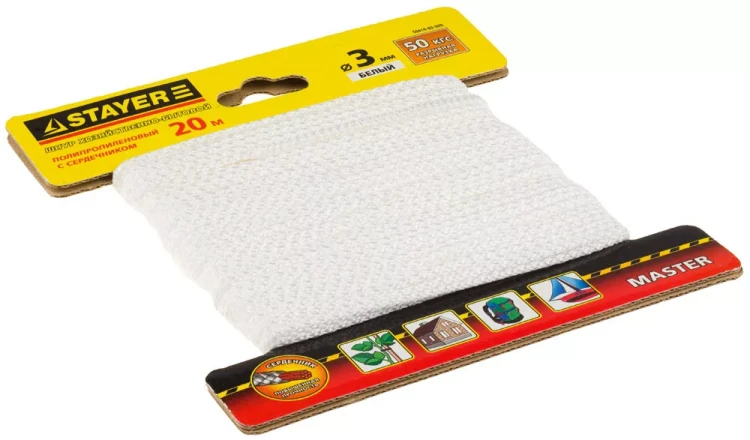 Шнур STAYER "MASTER" хозяйственно-бытовой, полипропиленовый, вязанный, с сердечником, белый, d 3, 20м 50410-03-020 купить в Сургуте