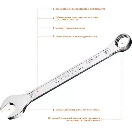 Ключи комбинированные KRAFTOOL, Cr-V, DIN 3113 27079-24 купить в Сургуте