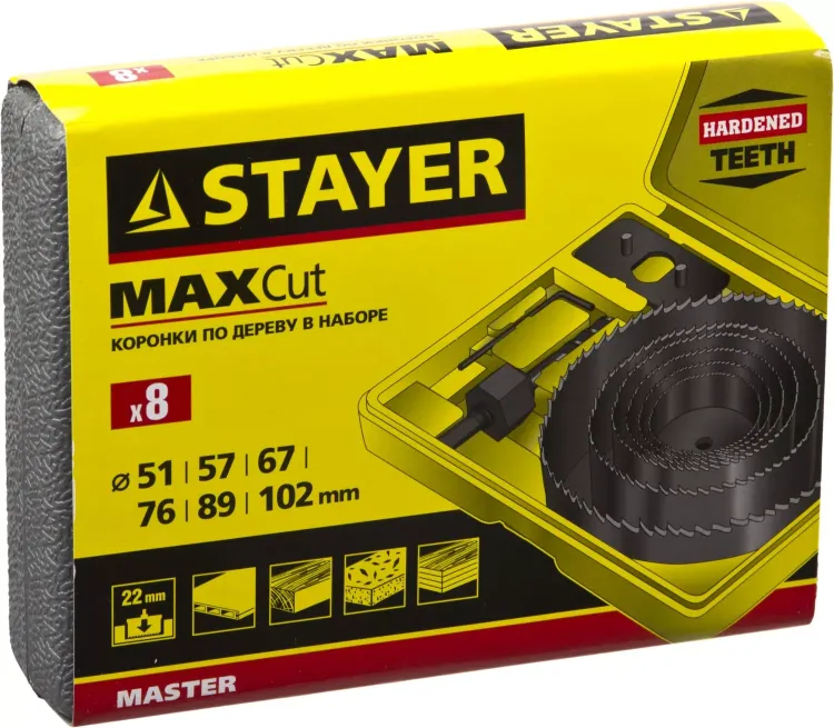 Набор кольцевых коронок по дереву STAYER "MASTER" Д51, 57, 67, 76, 88, 102мм. 8шт. 29600-H8 купить в Сургуте