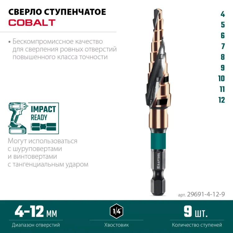 Ступенчатое сверло, сталь c кобальтом, спиральная проточка, НЕХ хвостовик 29691-4-12-9 купить в Сургуте