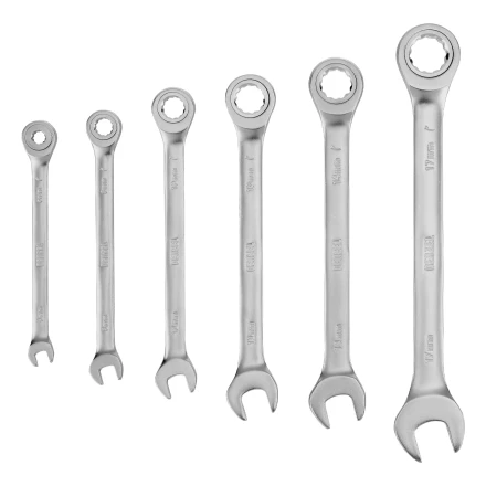 Набор ключей комбинированных трещоточных 6-17 мм, 6 шт., CrV, матовый хром// Denzel 14720 купить в Сургуте