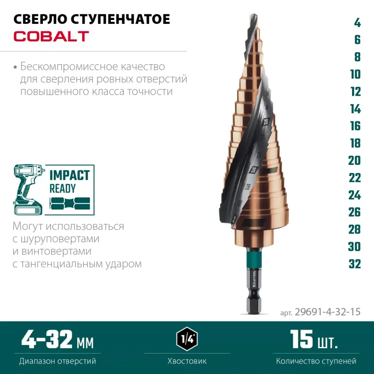 Ступенчатые сверла, сталь c кобальтом, спиральная проточка, НЕХ хвостовик 29691-4-32-15 купить в Сургуте