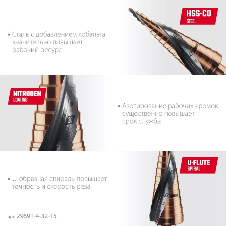 Ступенчатые сверла, сталь c кобальтом, спиральная проточка, НЕХ хвостовик 29691-4-32-15 купить в Сургуте