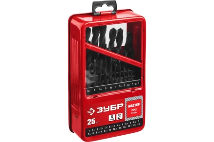 ЗУБР 25 шт, (1-13 мм), сталь Р4М2, класс В, мет.бокс, набор сверл по металлу (29605-H25) купить в Сургуте