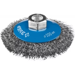 ЗУБР "ПРОФЕССИОНАЛ". Щетка коническая для УШМ, витая стальная проволока 0,3мм, 100ммхМ14 35265-100_z02