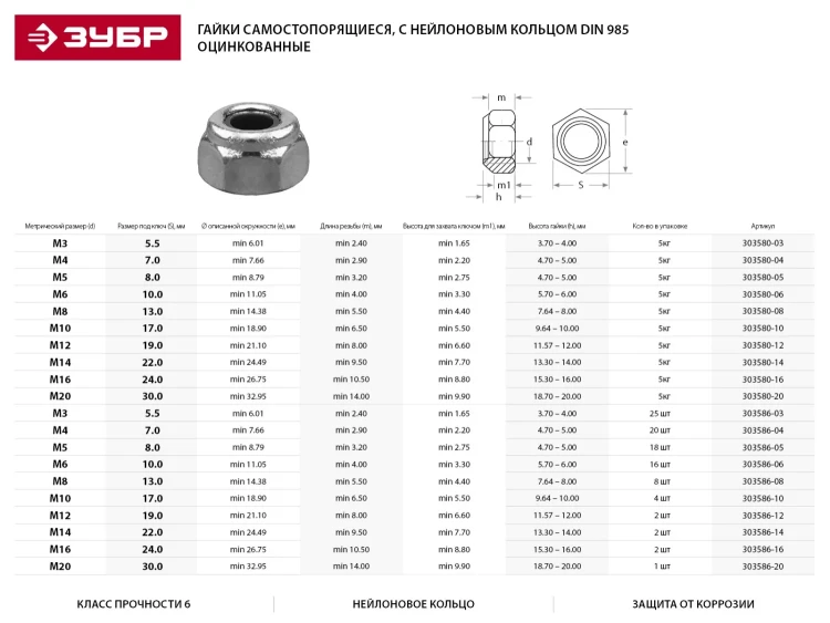 Гайка DIN 985 с нейлоновым кольцом, M10, 4 шт, кл. пр. 6, оцинкованная, ЗУБР 303586-10 купить в Сургуте