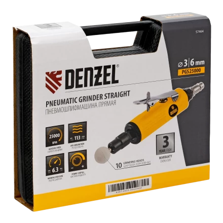 Пневмошлифмашина прямая Denzel 57464 PGS25000, 25000 об/мин, 10 шлиф. камней, цанга - 3, 6 мм, 113 л/мин купить в Сургуте