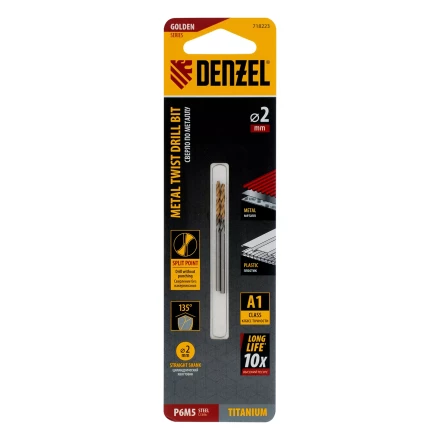 Сверло спиральное по металлу Denzel 2 x 49 мм, Р6М5, Golden Tip , 2шт., 718223 купить в Сургуте
