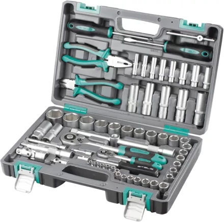 Набор инструментов 1/2 и 1/4  CrV пластиковый кейс  69 предметов STELS 14108 купить в Сургуте