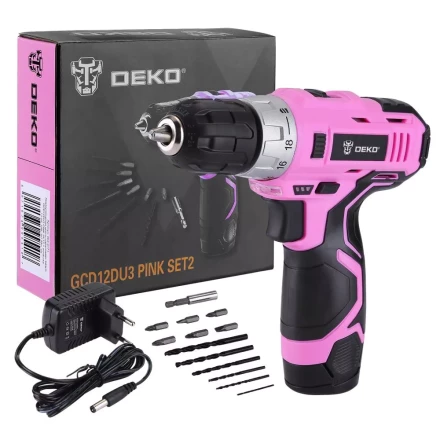 Дрель аккумуляторная DEKO GCD12DU3 PINK SET2 + оснастка 13 шт, 063-4171 купить в Сургуте