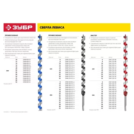 ЗУБР &quot;МАСТЕР&quot;. Сверло по дереву, спираль Левиса, HEX хвостовик, 22х450мм 2947-450-22 купить в Сургуте