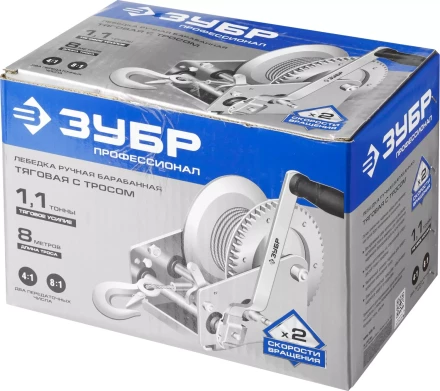 Лебедка ручная барабанная ЗУБР &quot;ПРОФЕССИОНАЛ&quot;, тяговая, тросовая, 1,1т, 8м 43113-1.1_z01 купить в Сургуте