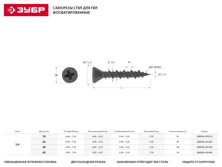Саморезы ЗУБР &quot;МАСТЕР&quot; фосфатированные, для гипсоволоконных листов, двухзаходная резьба, 3.9x25мм, 45шт 300056-39-025 купить в Сургуте