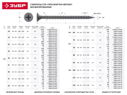 Саморезы фосфатированные с мелкой резьбой, гипсокартон-металл, ЗУБР 300011-48-095, PH2, 4,8 x 95 мм, 100 шт 300011-48-095 купить в Сургуте